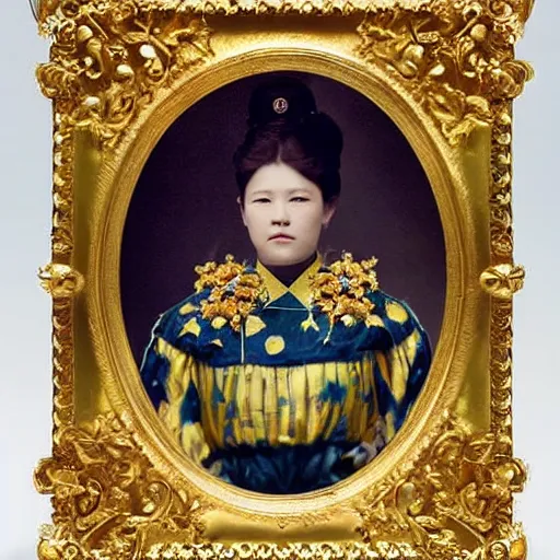 Image similar to a wide full shot, russian and japanese mix 1 9 0 0 s historical fantasy of a photograph taken of a royal gold crown with white and yellow flowers with blue leaves, photographic portrait, warm lighting, from an official photographer from the royal museum. displayed in a museum.