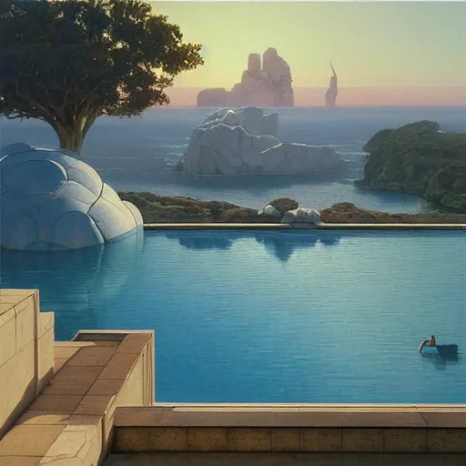 Image similar to David Ligare, scifi landscape, hyperrealistic surrealism, award winning masterpiece with incredible details, epic stunning, infinity pool, a surreal vaporwave liminal space, highly detailed, trending on ArtStation, artgerm and greg rutkowski and alphonse mucha, daily deviation, IAMAG, broken giant marble head statue ruins, golden hour