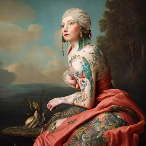 Image similar to ultra detailed, 4 k portrait of a tattooed woman in baroque dress, fully dressed by rachel ruysch