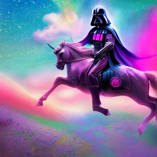 Image similar to beautiful matte painting, rainbow colored pink pink darth vader wearing pink wearing pink, riding a unicorn, riding a unicorn, riding a one-horned unicorn over a glittering rainbow, in psychedelic space, by lisa frank and dan mumford, octane render, HDR, vivid color, volumetric lighting, unreal engine, concept art, CGsociety, trending on artstation