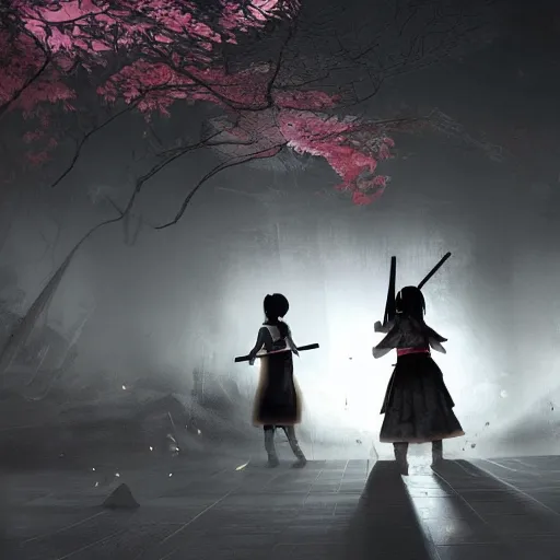 Image similar to a samurai girl with a sword fights with ghost kids with dark eyes from the down stairs in the school at the night, high detailed, dark atmosphere, unreal engine, japanese anime, horror