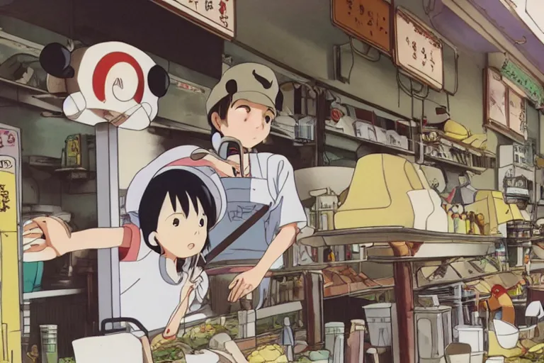 Image similar to studio ghibli anime film about a girl and her best friend panda working at a deli, miyazaki movie