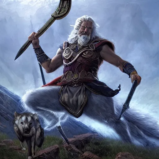 Image similar to The asgardian one-eyed god Odin using a spear to fight the gray wolf Giant Wolf Fenrir in Ragnarök, majestic, high-detail, realism, painting by Andreas_Rocha,