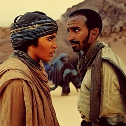 Prompt: a sand wraith talking with a handsome tuareg, movie still amazing