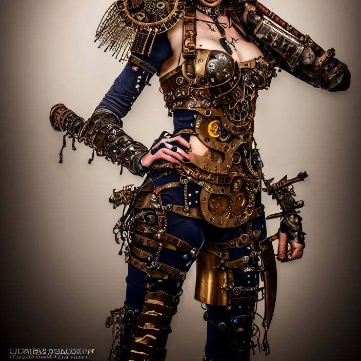 Image similar to full length portrait photograph of a real-life beautiful woman clockpunk warrior. Extremely detailed. 8k