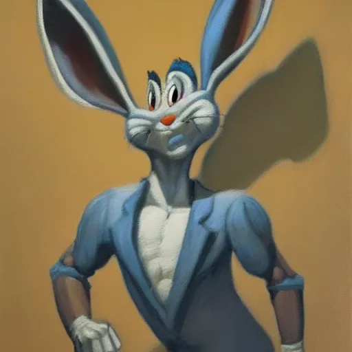 Image similar to a beautiful, soulful oil painting of bugs bunny by craig mullins ; anatomically correct