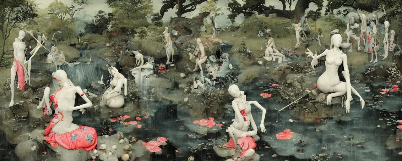 Prompt: Japanese Garden by Hieronymus Bosch and James Jean, Ross Tran, Porcelain Japanese Mannequins, HD, hypermaximalist, 8k, surreal oil painting, highly detailed, dream like, masterpiece