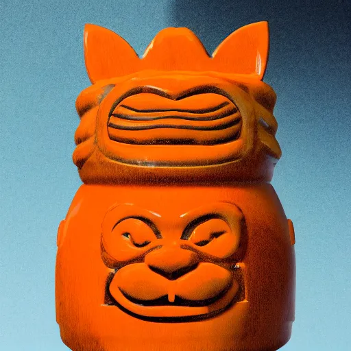 Image similar to a closeup photorealistic photograph of an orange cat garfield style tiki mug at a trader vic's bar with garfield's face on the front. tiki party. bright scene. fine detail. this 4 k hd image is trending on artstation, featured on behance, well - rendered, extra crisp, features intricate detail, epic composition and the style of unreal engine.