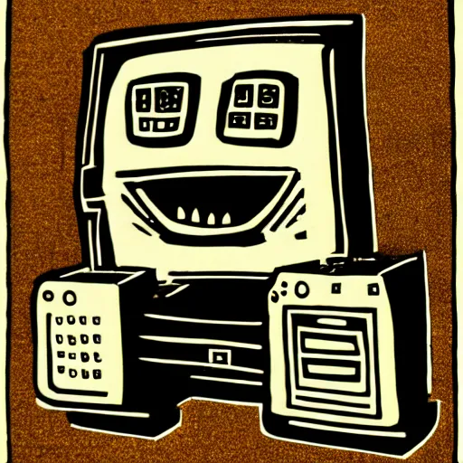 Prompt: linocut of a happy computer