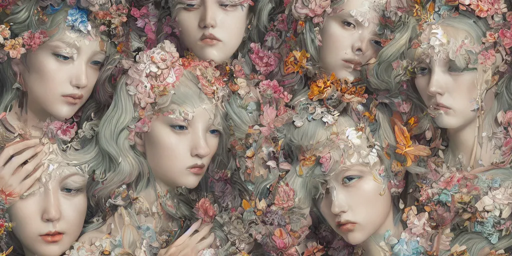 Image similar to breathtaking detailed concept art painting kaleidoscope art deco pattern of blonde faces goddesses amalmation flowers, by hsiao - ron cheng, bizarre compositions, exquisite detail, extremely moody lighting, 8 k