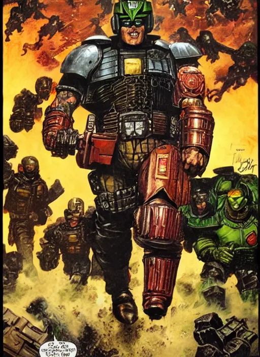 Prompt: full body and head portrait of martyn ford as judge dredd running from the thing, dynamic action, painted by norman rockwell and phil hale and greg staples and tom lovell and frank schoonover and jack kirby