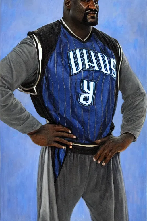 Image similar to full body portrait of shaquille o'neil as the dictator of the orlando magic, 1 8 8 9, in full military garb, magic blue, silver, and black, oil on canvas by william sidney mount, trending on artstation