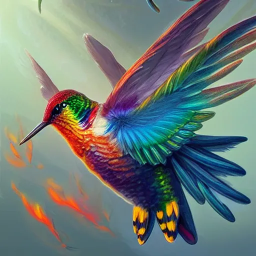 Image similar to cute flying hummingbird phoenix, embers surrounding her wings, shining rainbow feathers, smooth features, on fire, highly stylized, digital painting, artstation, concept art, smooth, soft focus, beautiful rainbow colors, illustration, hummingbird phoenix art by Artgerm and greg rutkowski