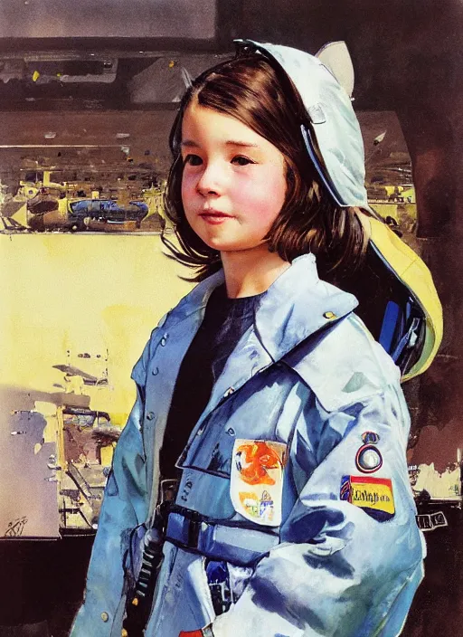 Image similar to a copic maker portrait of an student girl wearing a pilot suit with a puffy kimono coat by john berkey norman rockwell