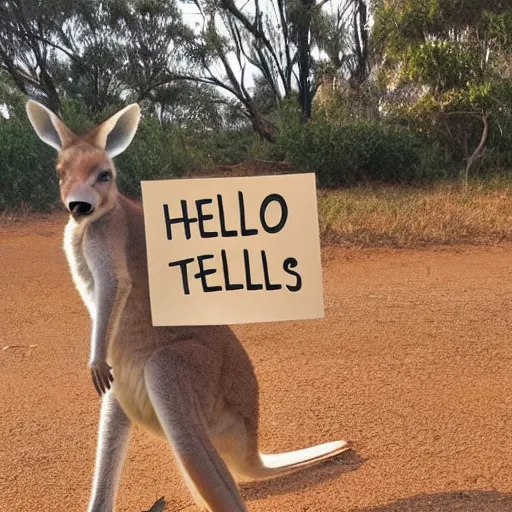 Prompt: <photograph quality=high accurate=true readable=true>Kangaroo holds sign that says 'Hello Friends'</photograph>