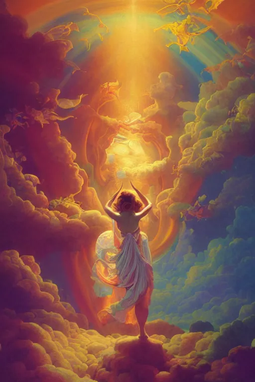 Image similar to beautiful woman opening portal to heaven and hell, vivid color, complementary color, golden ratio, detailed, sharp lines, sharp focus, intricate, rainbowshift, by maxfield parrish, by peter mohrbacher, by gustave dore, by artgerm, by alphonse mucha, deviantart, octane render