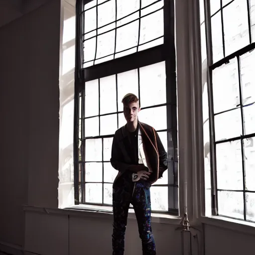 Image similar to un ultra high definition fashion editorial photographic portrait of a young man standing in their unique london art studio wearing all eclectic clothes watching the sun rising through large window. wide angle. three point light. extremely detailed. golden hour, golden ratio, ray tracing, volumetric light, shallow depth of field.