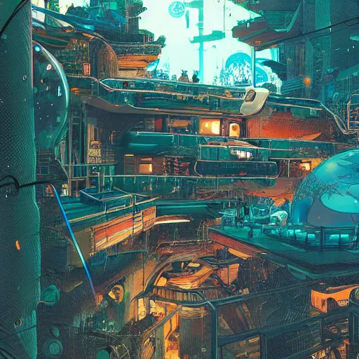 Image similar to Stunningly detailed illustration of a cyberpunk explorer playing video games in his treehouse, highly detailed, 4k octane render, by Victo Ngai, James Gilleard , Moebius, Laurie Greasley