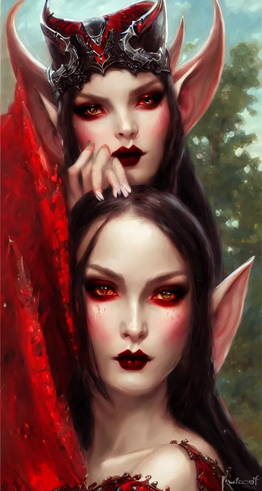 Image similar to Gothic elf princess in red dragon armor by Konstantin Razumov, face close up