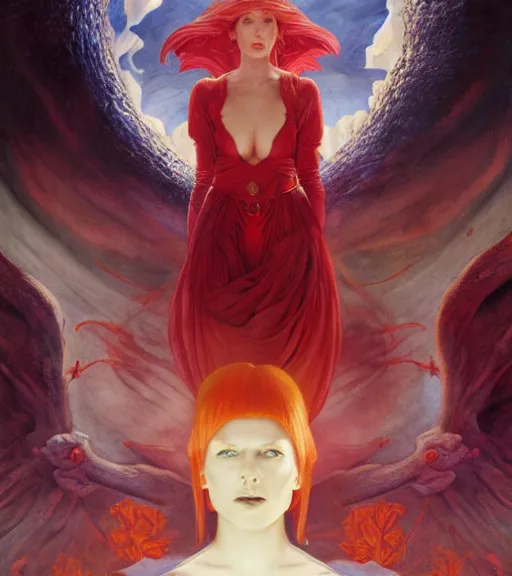 Image similar to red nightmare of the maiden in the fortress of lies, by annie swynnerton and tino rodriguez and charlie bowater and tom bagshaw and nicholas roerich and jean delville and evelyn de morgan and lucien freud, dramatic lighting, floral tattoos, rich colors, smooth sharp focus, anime key visual, extremely detailed, adolf wolfli