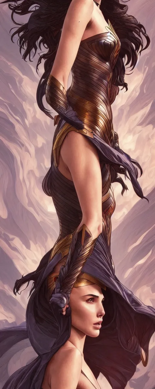 Image similar to very very beautiful longshot photo of Gal Gadot , intricate, elegant, highly detailed, artstation, concept art, smooth, sharp focus, illustration, art by artgerm and moebius and alphonse mucha