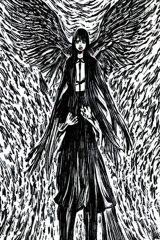 Image similar to angel of death smiling in the dark night, by junji ito with shiver manga art style