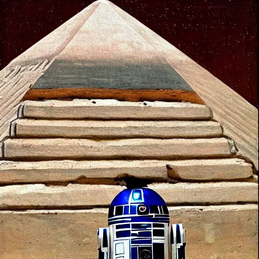 Image similar to r 2 d 2 in egyptian pyramid wall, ancient painting