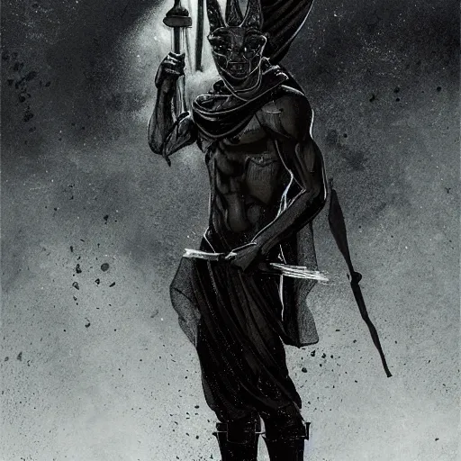 Image similar to full length portrait, stunning beauty, young man, olive complexion, Cult of Anubis warrior prince, holding a sceptre, battle ready, slim muscled, ethereal smoking tendrils, distopian, smoke filled night-time, cinematic, in the style of Ashley Wood,