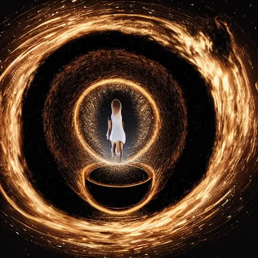 Image similar to woman falling through a black hole into hell facing all her enemies