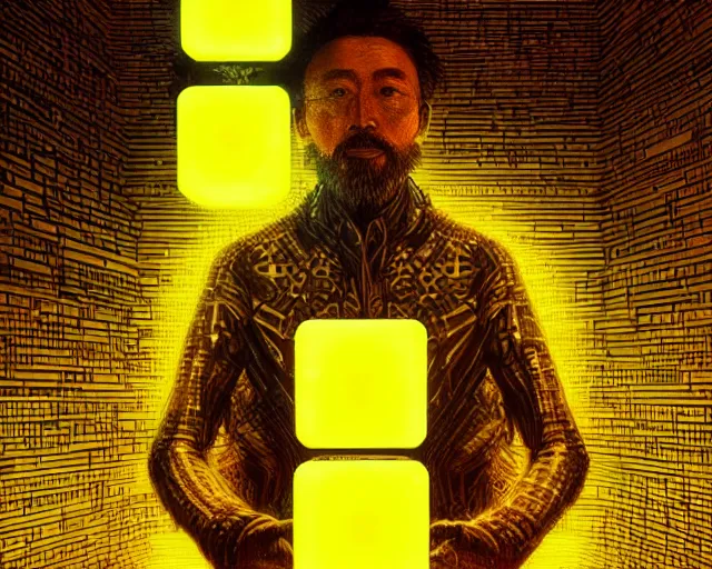 Image similar to portrait of wizard with neonyellow cubes, intricate abstract. intricate artwork, by tooth wu, wlop, beeple, dan mumford. concept art, octane render, trending on artstation, greg rutkowski very coherent symmetrical artwork. cinematic, key art, hyper realism, high detail, octane render, 8 k, iridescent accents