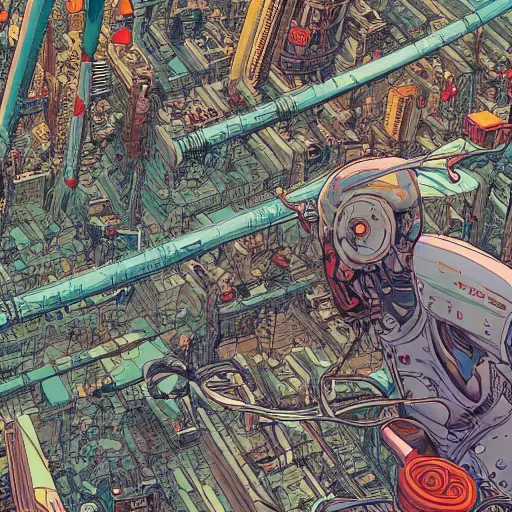 Prompt: hyper detailed aerial top down comic illustration of a man eaten by a machine in the centre of the composition, encircled by cybernetic gateways, by Josan Gonzalez and Geof Darrow and peter doig, very detailed, 4k, highly detailed, 8k wallpaper