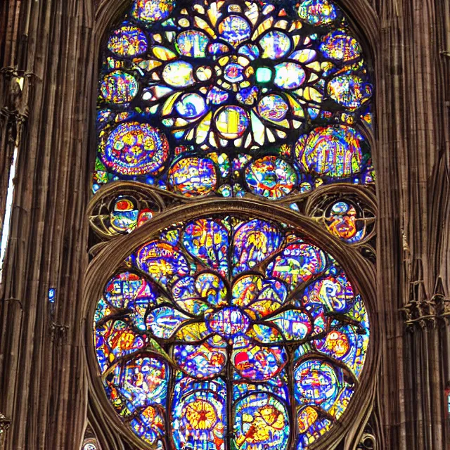 Image similar to gothic cathedral rose window megastructure depicting techo circuitry, intricate colorful masterpiece, hyper detailed, hd