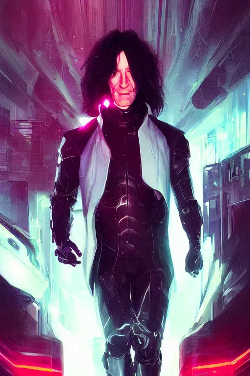 Image similar to portrait of cyborg severus snape in cyberpunk, neon lighting, night city, digital art from artstation by Ruan Jia and Mandy Jurgens and Artgerm and william-adolphe bouguereau and Greg Rutkowski