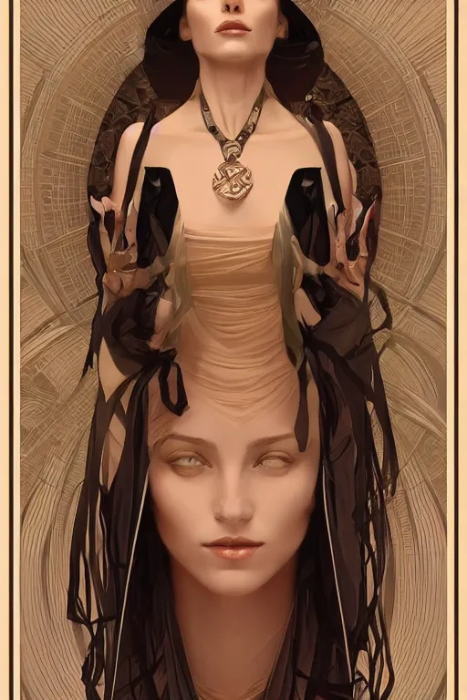 Prompt: high priestess, no noise, elegant, concept art, sharp focus, beautiful face!!, digital art, smooth defined outlines!!, human anatomy, human structure, vector background, by Brom, trending on Artstation, Alphonse Mucha, Tom Bagshaw, Sargent