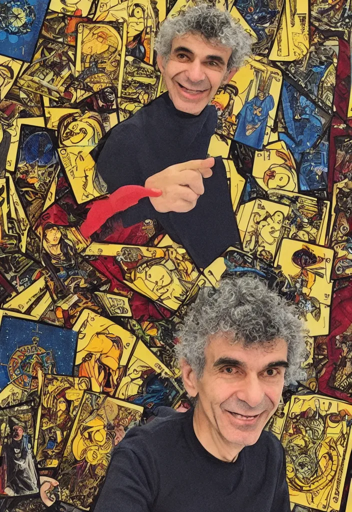 Image similar to Yoshua Bengio smiling on the Tarot card. Illustration.