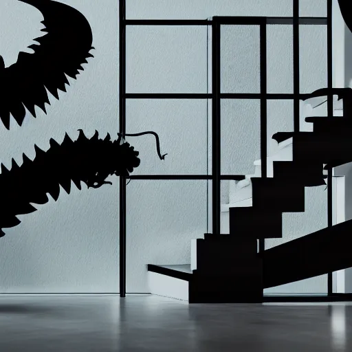 Prompt: scary monster with elongated arms descending a staircase in a home, natural lighting, realistic