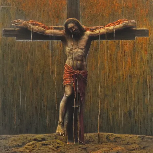 Image similar to the crucifixion of jesus in times square, beksinski style painting, very detailed