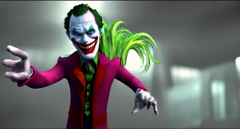 Image similar to pixar heath ledger joker villain 3 d movie screenshot