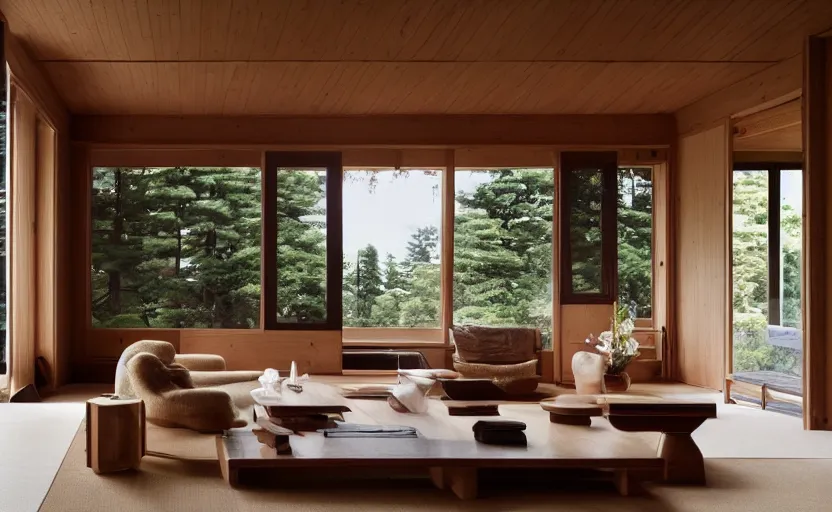 Prompt: luxurious wooden cottage by yabu pushelberg, modern japanese living room, japanese wabi - sabi arrangements, coherent composition, architectural photography