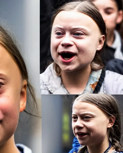 Prompt: film still close - up shot of greta thunberg with facial tattoos giving a speech in a crowded train station eating pizza, smiling, the sun is shining. photographic, photography