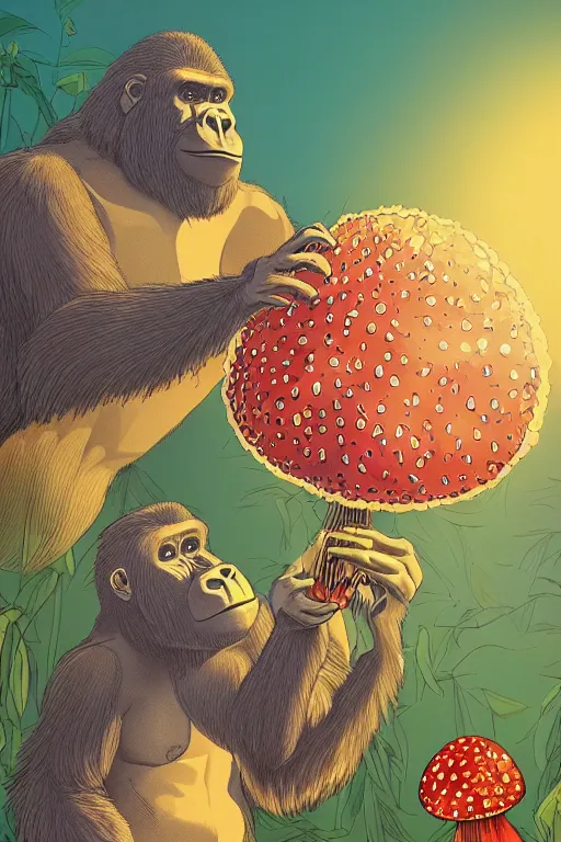 Image similar to gorilla at a concert holding a amanita muscaria, sunshine, by alba ballesta gonzalez and moebius. 4 k wallpaper, digital flat 2 d, japan animation, comic book, illustration, cinematic lighting, smooth sharp focus.