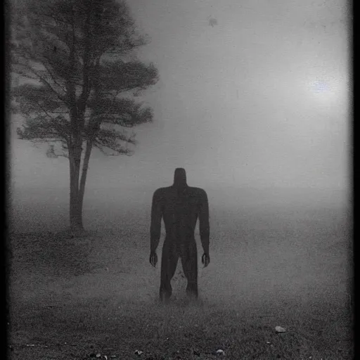 Image similar to old black and white photo of a giant humanoid figure floating in the distance, foggy, surreal, creepy, horror, scary,