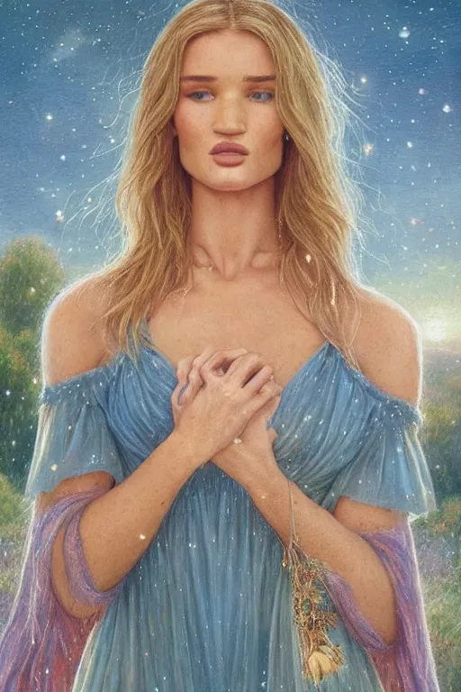 Image similar to Rosie Huntington-Whiteley,big watery eyed, looking at the viewer, sundown misty firefly wisps,double split halter open thigh leaf dress; in the style of Lilia Alvarado, Sophie Anderson, Mark Arian, Bob Byerley, Charlie Bowater, Mark Brooks, Steve Henderson, Justin Gerard, Arthur Hughes, Edward Robert Hughes, Mark Keathley, Victor Nizovtsev, Carlos Shwabe, Ross Tran, WLOP