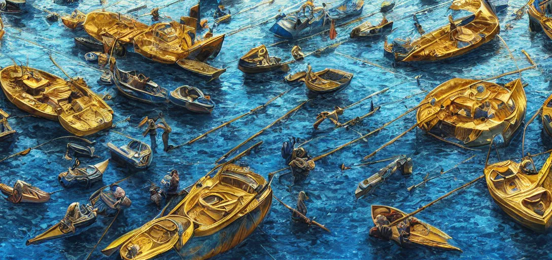 Image similar to cinematic, market aquare, blue and gold boats, dozens of people, hybrid from the lord of the rings and art direction by darius zawadzki, sharp focus, highly detailed, wideangle epic scale, dynamic dramatic lighting, shadows, cinematic atmosphere, artstation, hyperrealistic, 8 k 4 k uhd image