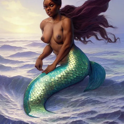 Image similar to jada fire as a beautiful mermaid emerging from the ocean, highly detailed, digital painting, artstation, concept art, sharp focus, illustration, art by artgerm and greg rutkowski and alphonse mucha