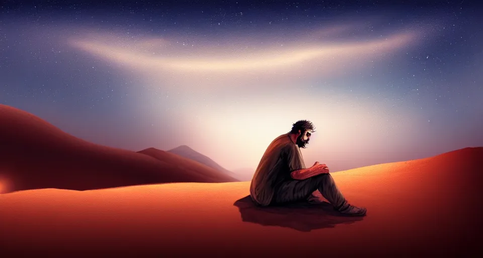 Image similar to a man resting in the desert at night, artstation