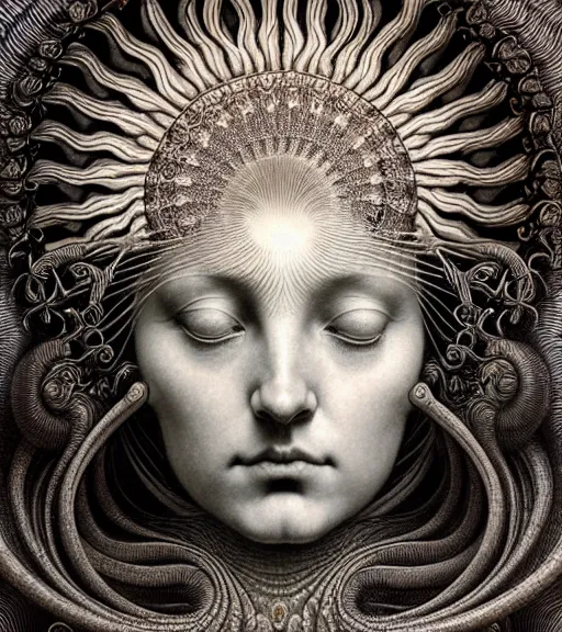 Image similar to detailed realistic beautiful sun goddess face portrait by jean delville, gustave dore, iris van herpen and marco mazzoni, art forms of nature by ernst haeckel, art nouveau, symbolist, visionary, gothic, neo - gothic, pre - raphaelite, fractal lace, intricate alien botanicals, ai biodiversity, surreality, hyperdetailed ultrasharp octane render