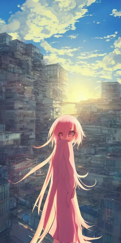 Image similar to anime art, anime key visual of a cute elegant anime girl with pink hair and big eyes on the city rooftop at sunset with clouds, golden hour sunset, background blur bokeh, beautiful lighting, high quality illustration, studio ghibli