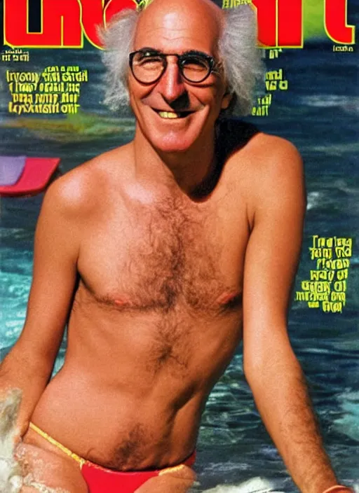 Prompt: larry david on the cover of swimsuit illustrated 1980
