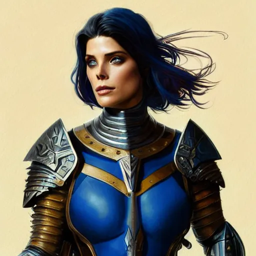 Image similar to Ashley Greene with dark blue hair as Joan of Arc wearing metal armor, western, D&D, fantasy, intricate, elegant, highly detailed, digital painting, artstation, concept art, matte, sharp focus, illustration, art by Artgerm and Greg Rutkowski and Alphonse Mucha